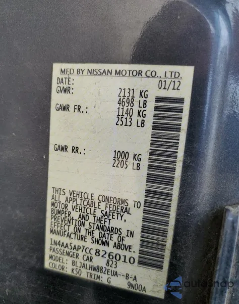 2012 Nissan Maxima S z USA, uszkodzony, nr VIN 1N4AA5AP7CC826010